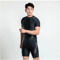 Men's plus size two-piece swim set with vest and trunks in polyester fabric.