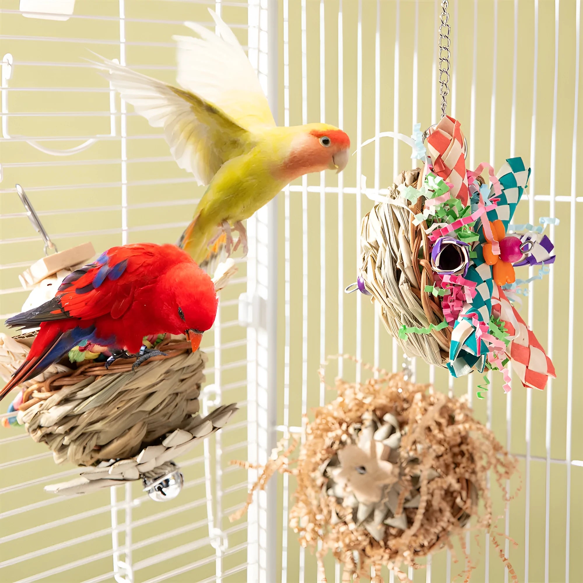 Parrot gnawing toy with three natural wooden blocks on cotton rope for medium to large birds