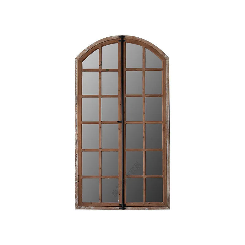 Terrace distressed fake window wall mirror in log colour with wooden glass construction