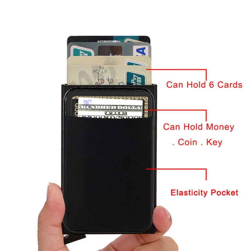 Frosted aluminium alloy credit card holder in a choice of eight colours on a plain background.