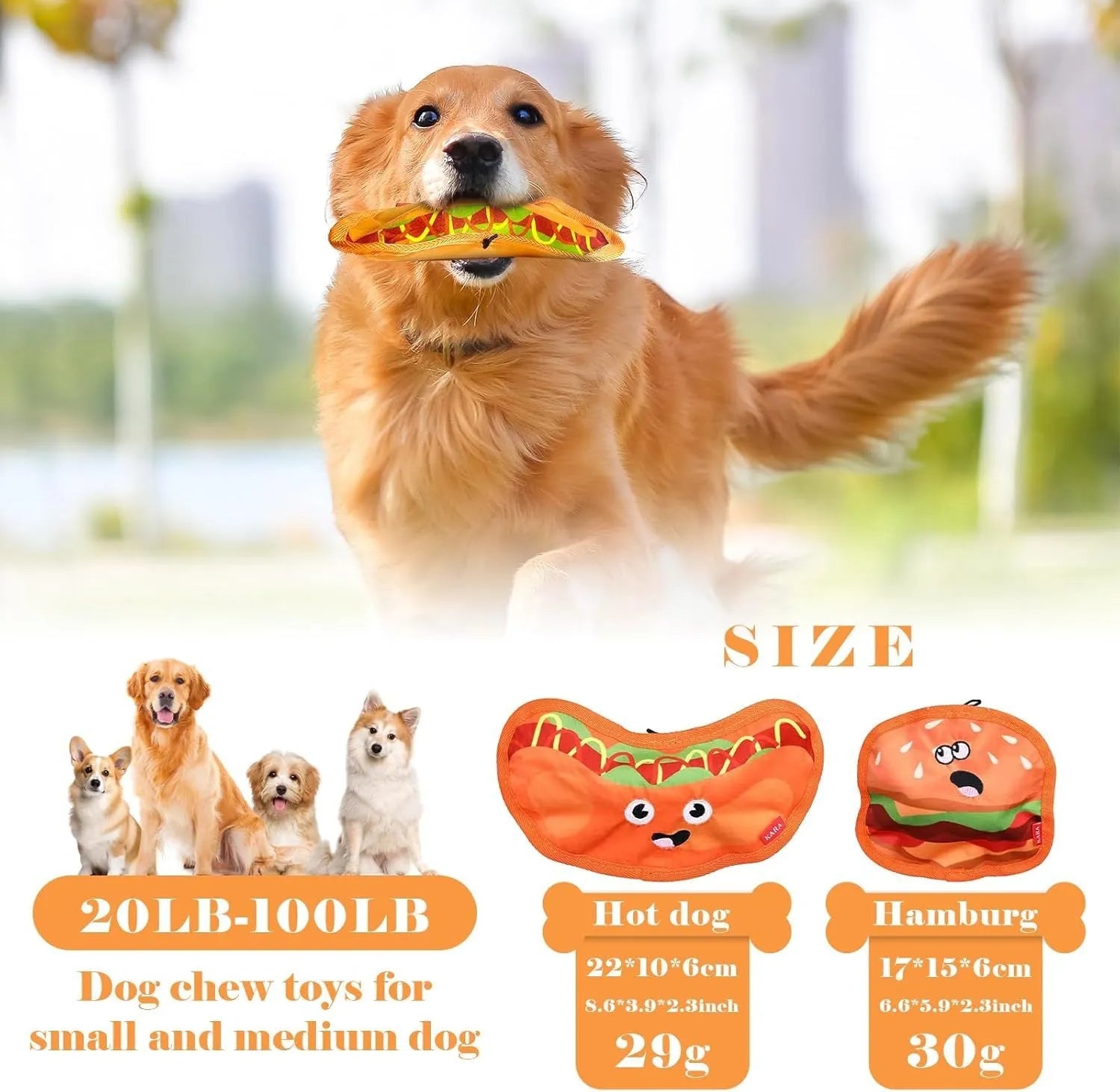 Colourful hamburger, fries, hot dog, and pizza shaped crinkle and squeaky dog toys