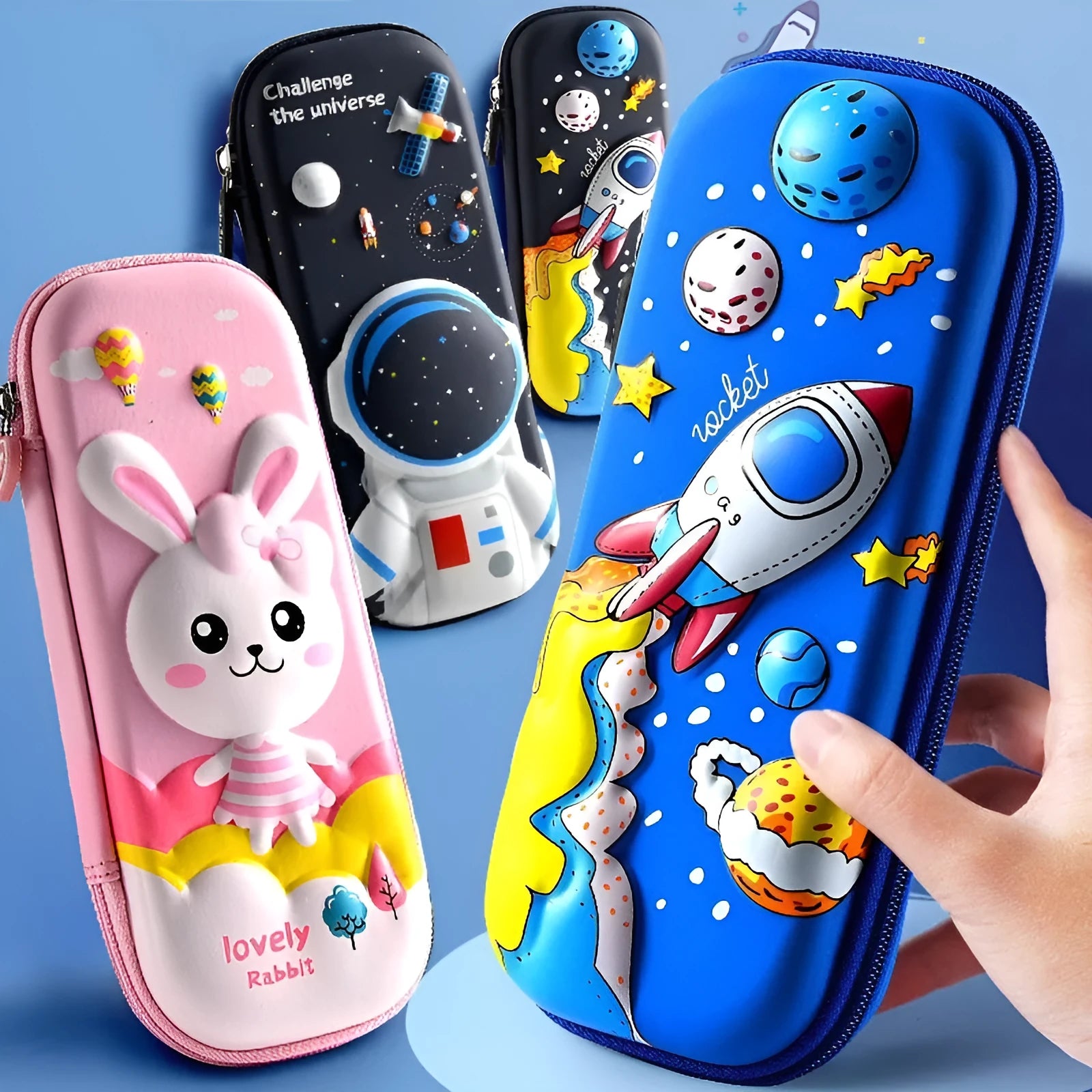 3D leather pencil case with embossed astronaut rocket pattern on surface