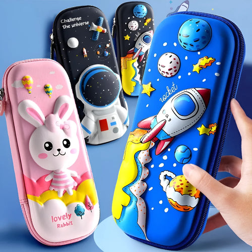 3D leather pencil case with embossed astronaut rocket pattern on surface