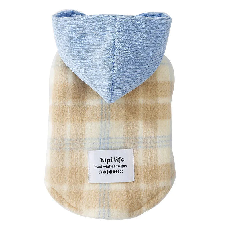 Corduroy chessboard grid hooded traction vest for dogs in blue or yellow with hooded design
