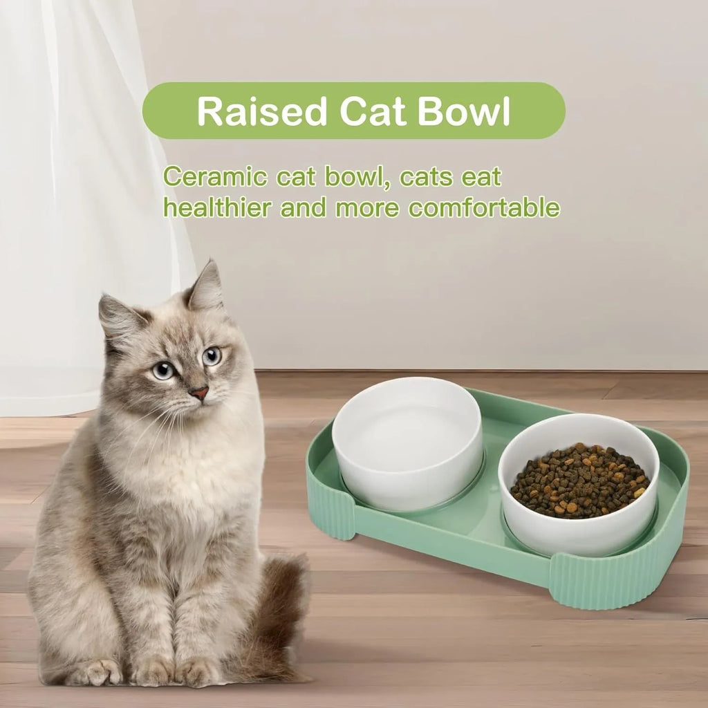 Green ceramic elevated cat bowls with tilted design on non-slip base for food and water