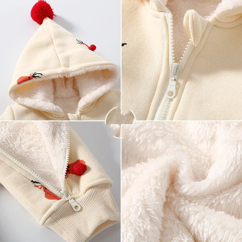 Khaki padded baby crawling clothes with Christmas moose print, cotton material, size 59 to 90 cm