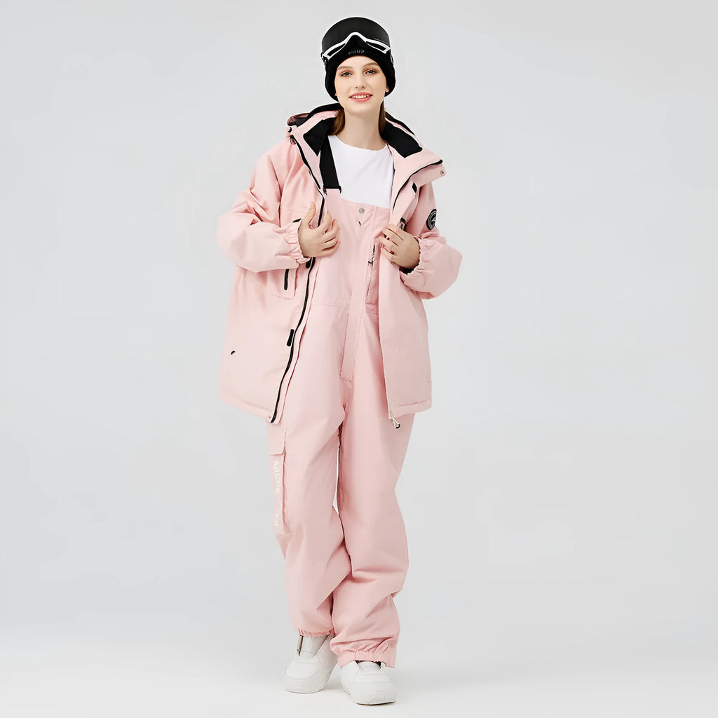 Unisex winter ski suit with veneer double board construction in blue, green, pink, or white colour combinations