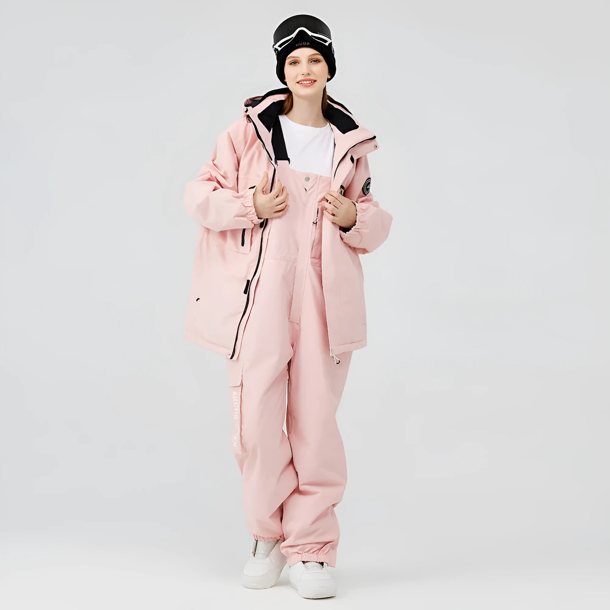 Unisex winter ski suit with veneer double board construction in blue, green, pink, or white colour combinations