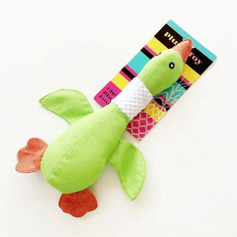 Blue durable plush duck dog toy with squeakers for large breed chewing and play.