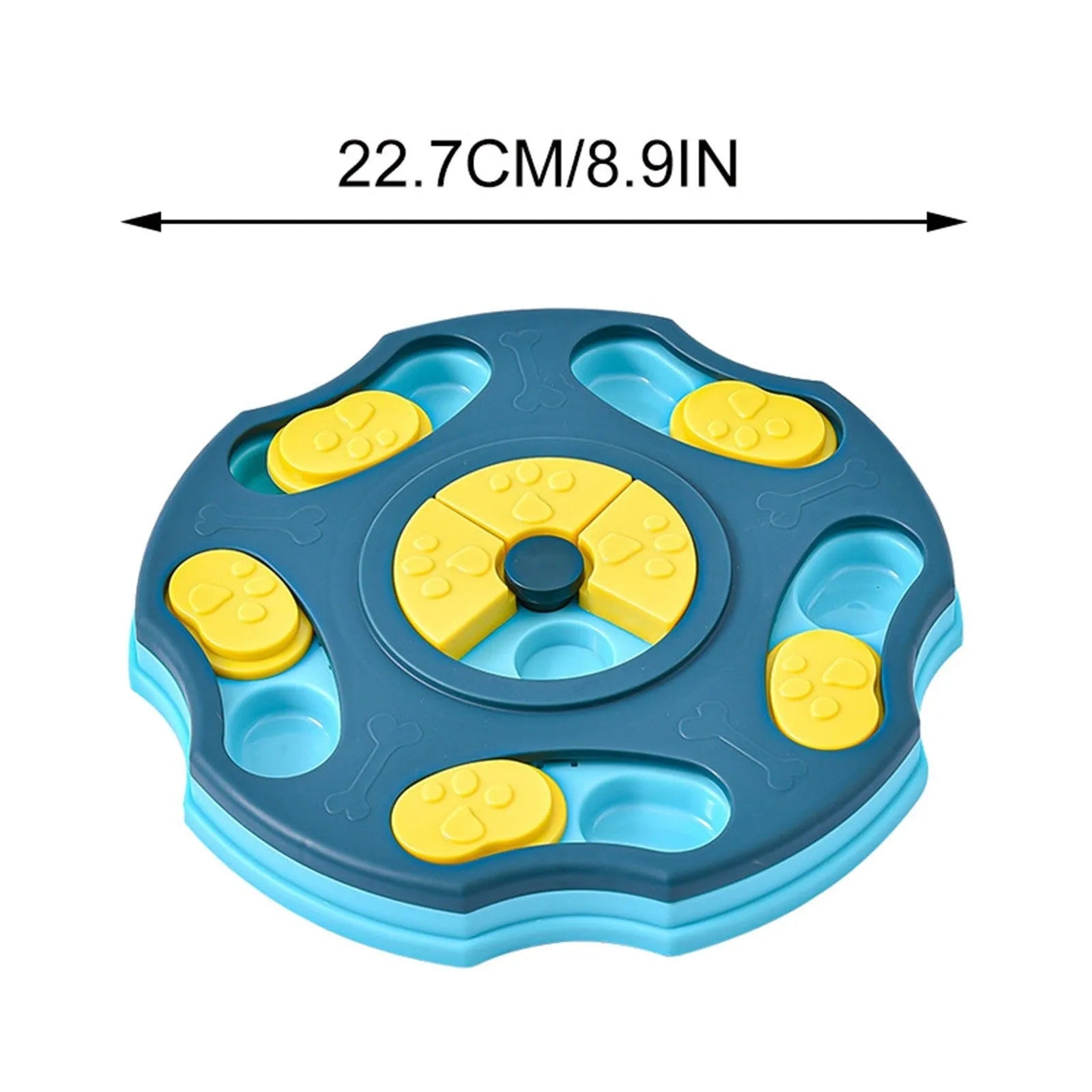 Blue dog puzzle food bowl with sliding compartments for interactive feeding games