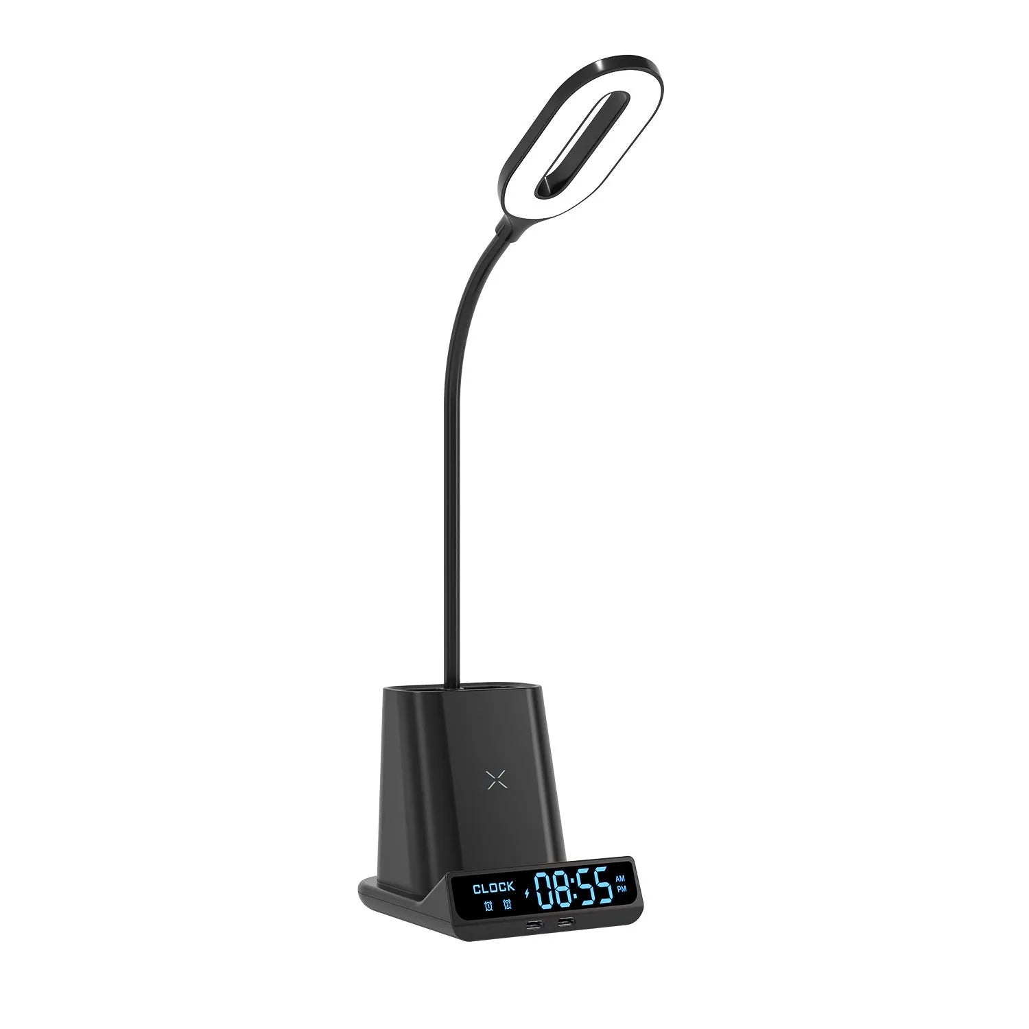 Modern wireless charging desk lamp with integrated pen holder storage compartments in black colour