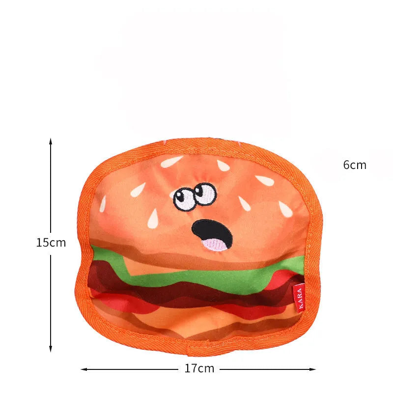 Colourful hamburger, fries, hot dog, and pizza shaped crinkle and squeaky dog toys