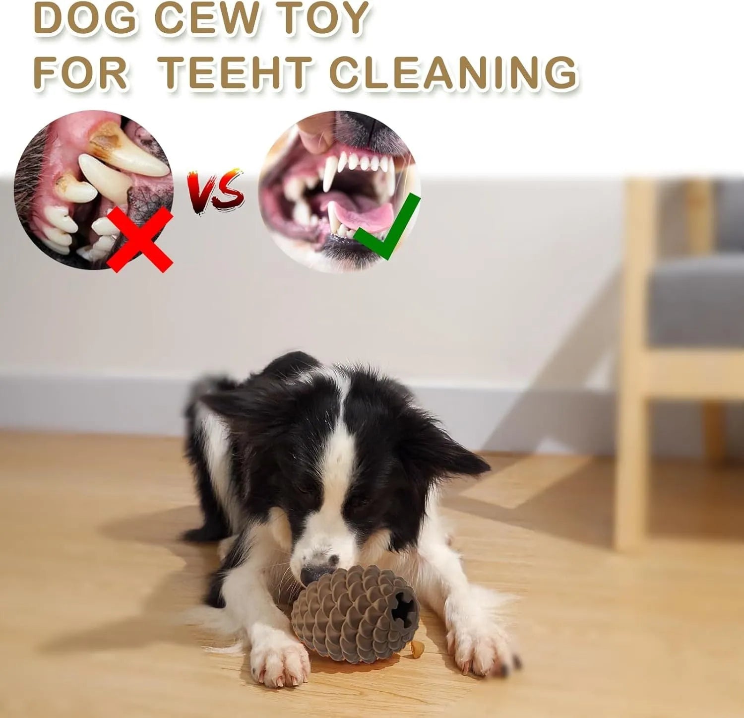 Yellow pine cone shaped dog chew toy with natural rubber construction and treat dispensing feature