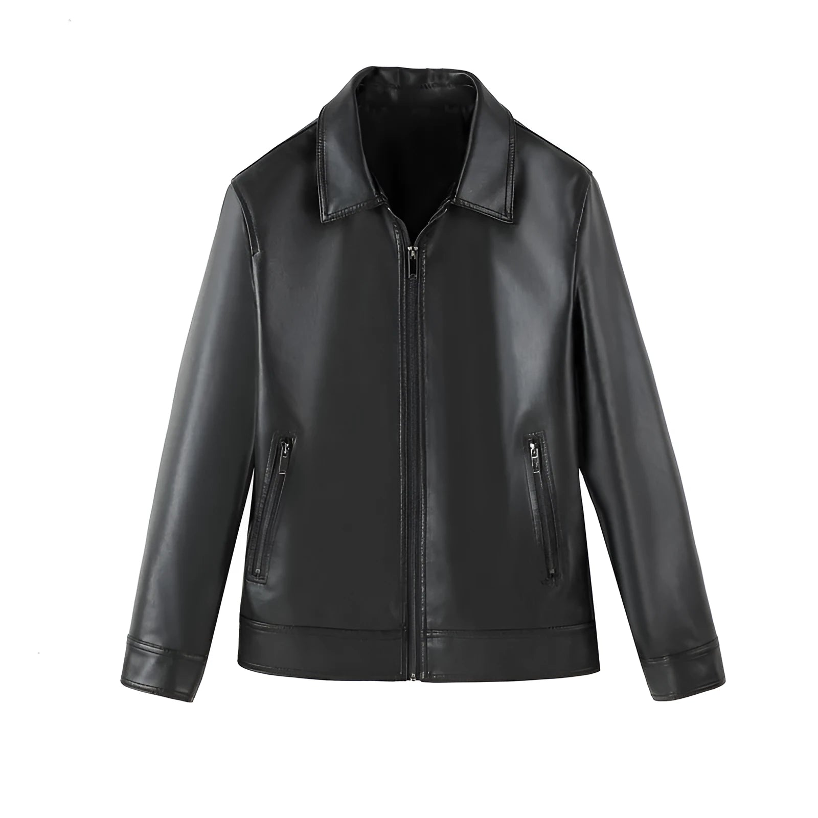 Black men's loose-fit PU leather jacket with zip and pockets on a mannequin