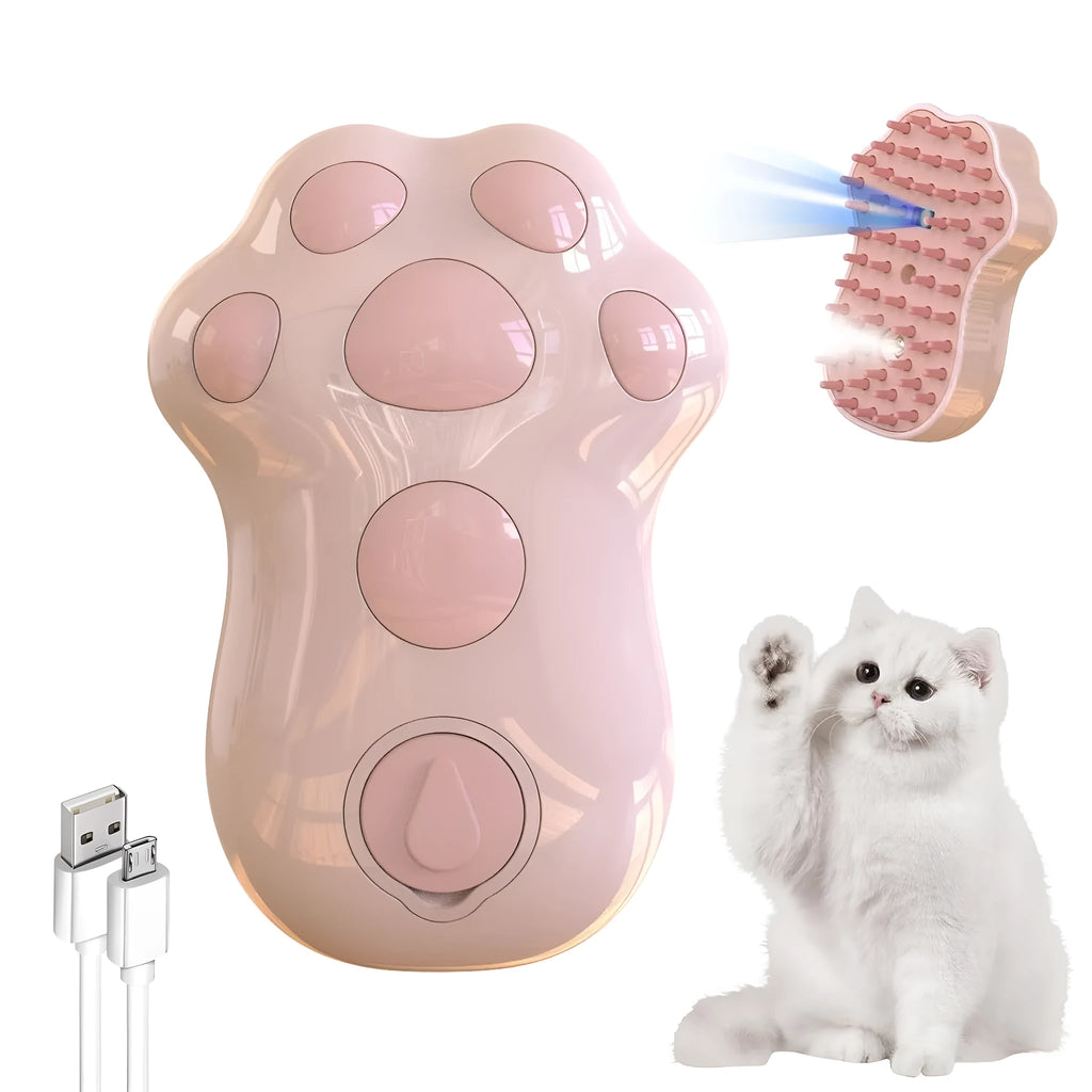 Self-cleaning cat steam brush with blue silicone bristles and release button for pet grooming