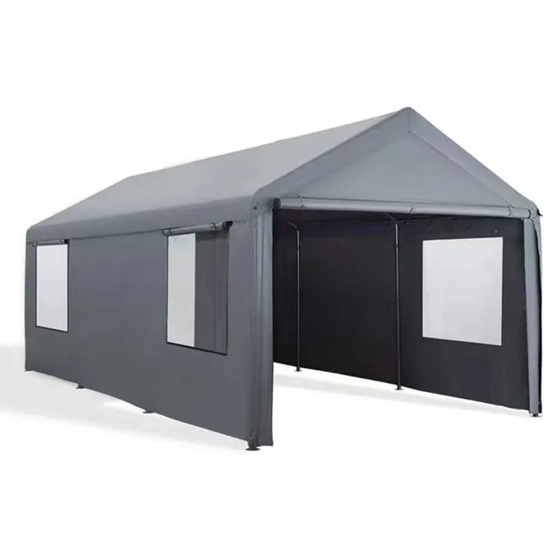 Portable steel frame canopy with PE tarpaulin cover and four-side protective cloth, 3m x 6m, for outdoor market stall use