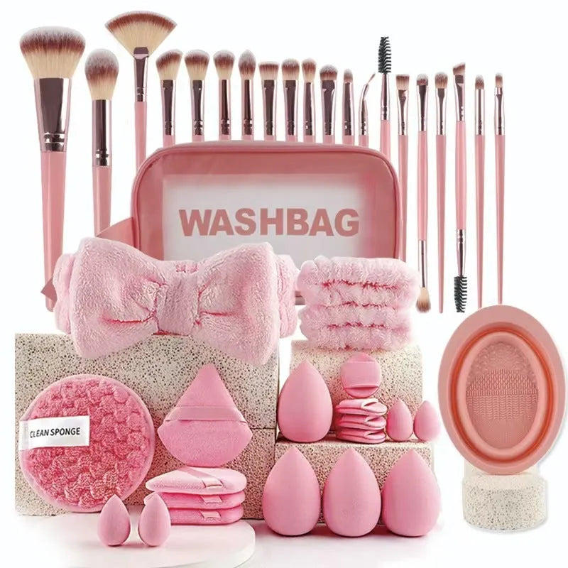 40-piece beauty tools set with hydrophilic non-latex face wash and makeup tools in brown, pink and purple colour options