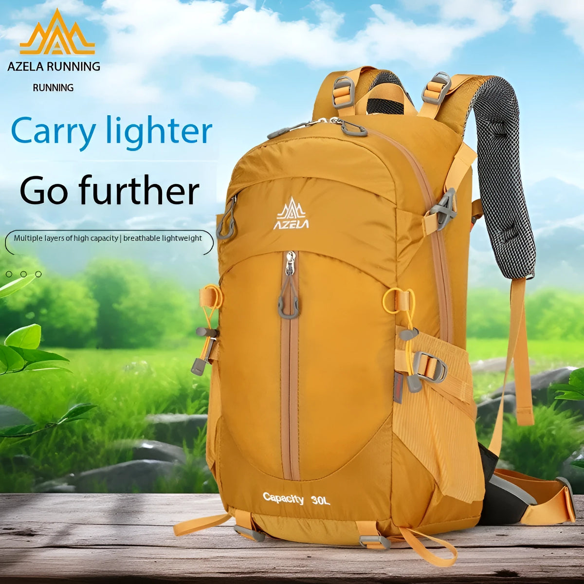 AZELA 30L Outdoor Hiking Backpack in black with adjustable straps on a white background