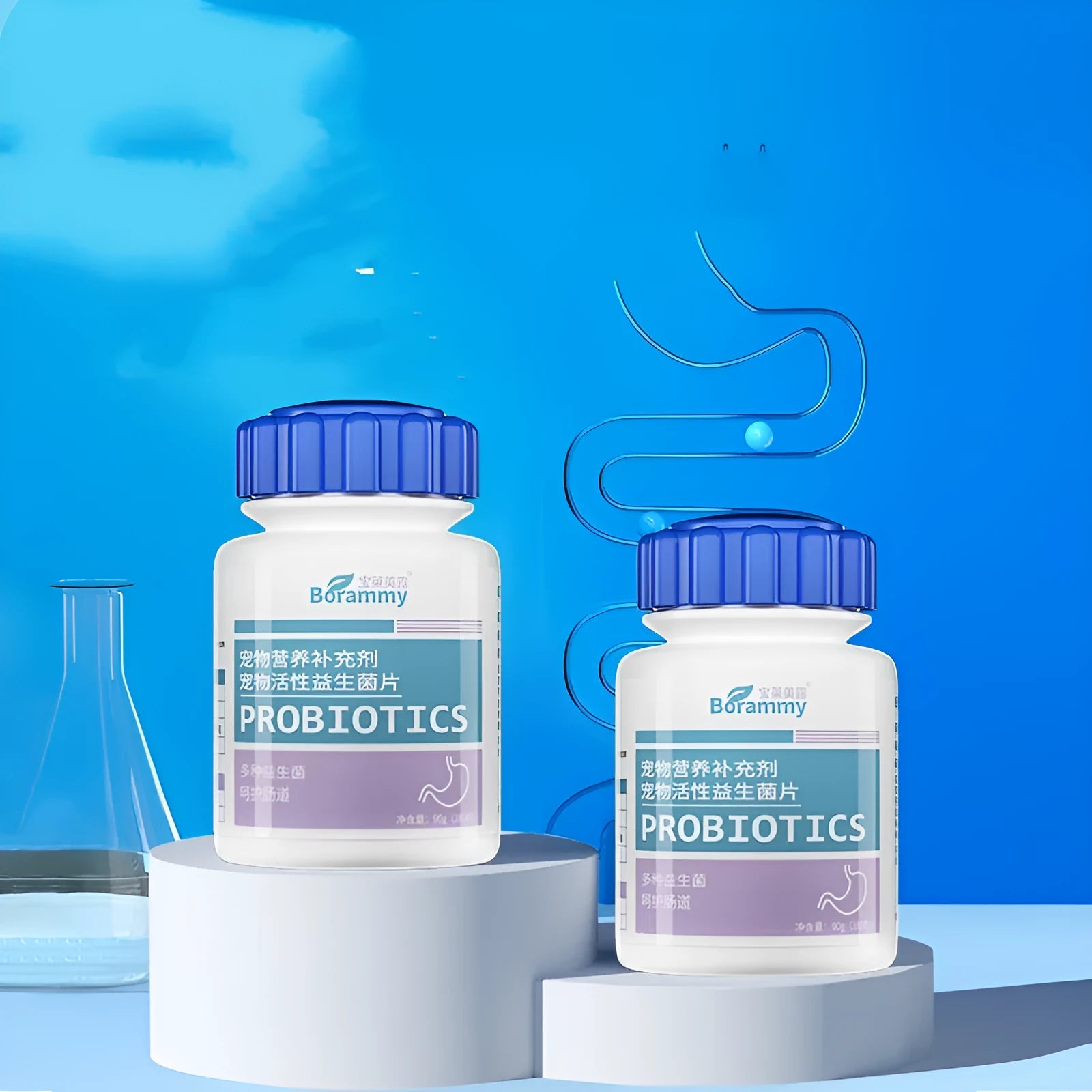 Bottle of 180 pet probiotic tablets for digestive support in cats and dogs