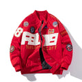 Black American motorcycle baseball jacket with removable hood and side pocket on a mannequin.