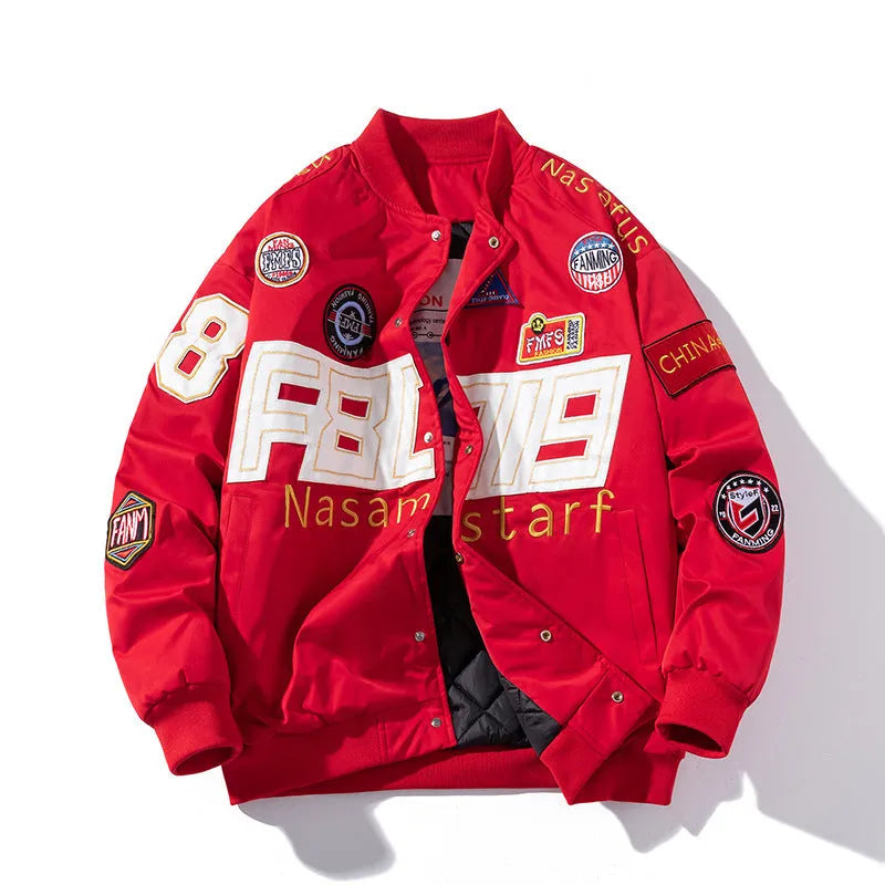 Black American motorcycle baseball jacket with removable hood and side pocket on a mannequin.