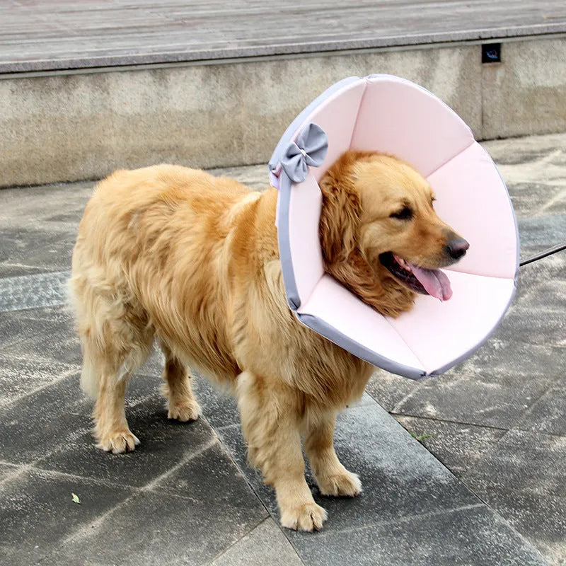 Soft cloth dog recovery collar in yellow on a white background, showing Elizabeth Circle design for post-surgery care