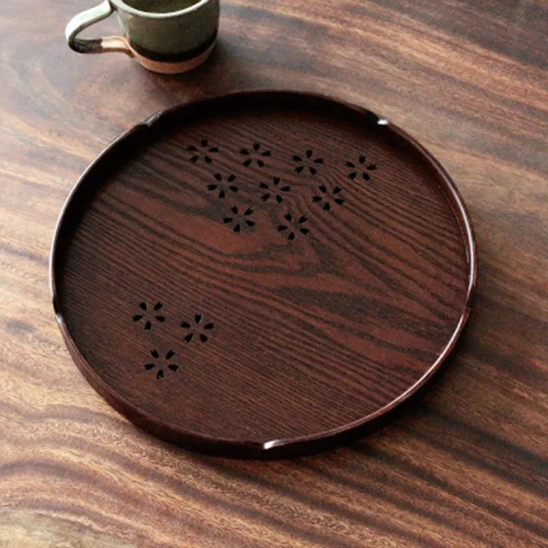 Wooden shallow dessert plate with hollow cherry blossom pattern measuring 30cm diameter