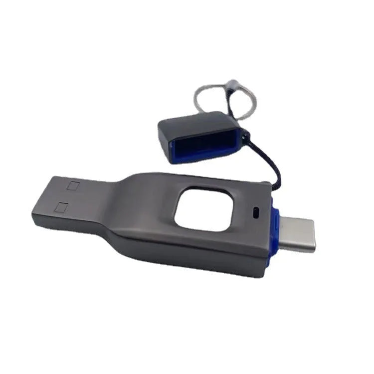Black fingerprint encrypted USB flash drive with USB 3.0 and USB-C connectors for secure computer and mobile storage