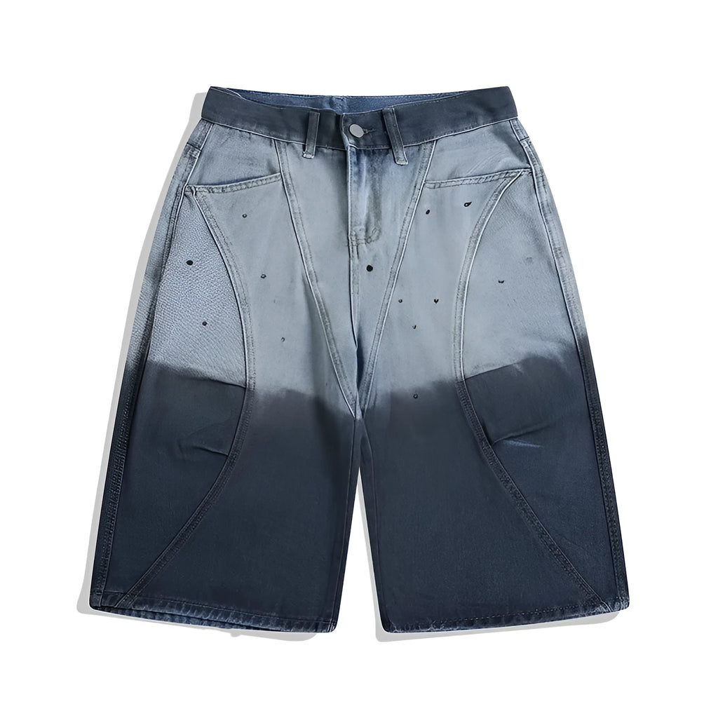 Blue loose-fit cropped jeans with a tie-dye gradient pattern and a mid-waist