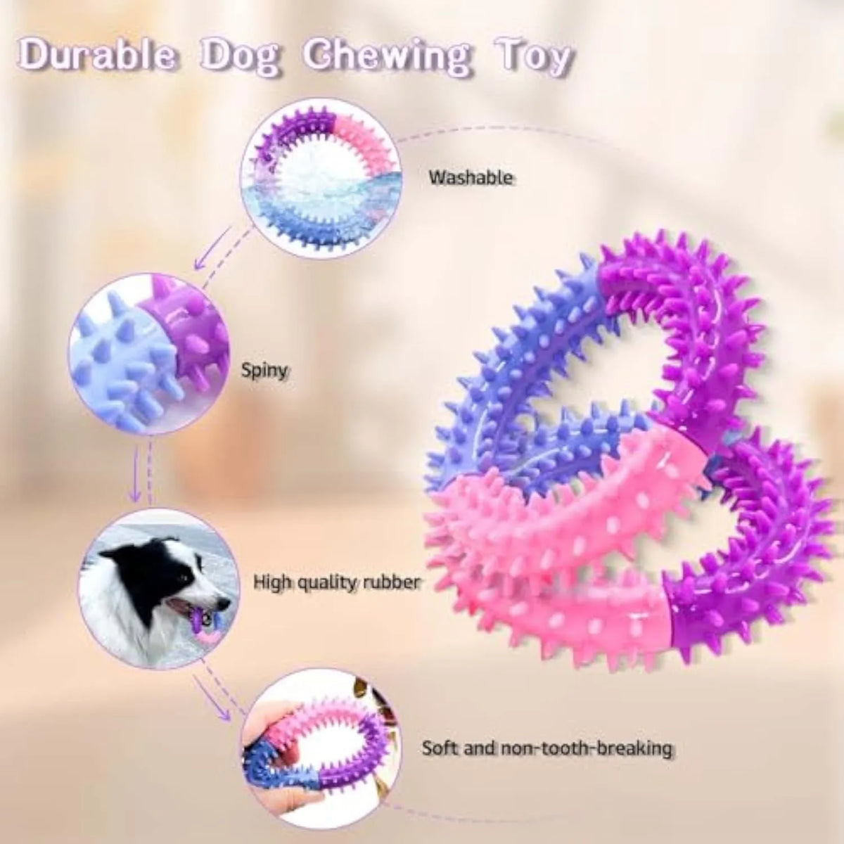 Rubber dog chew toy ring in blue for teething puppies, 10cm diameter