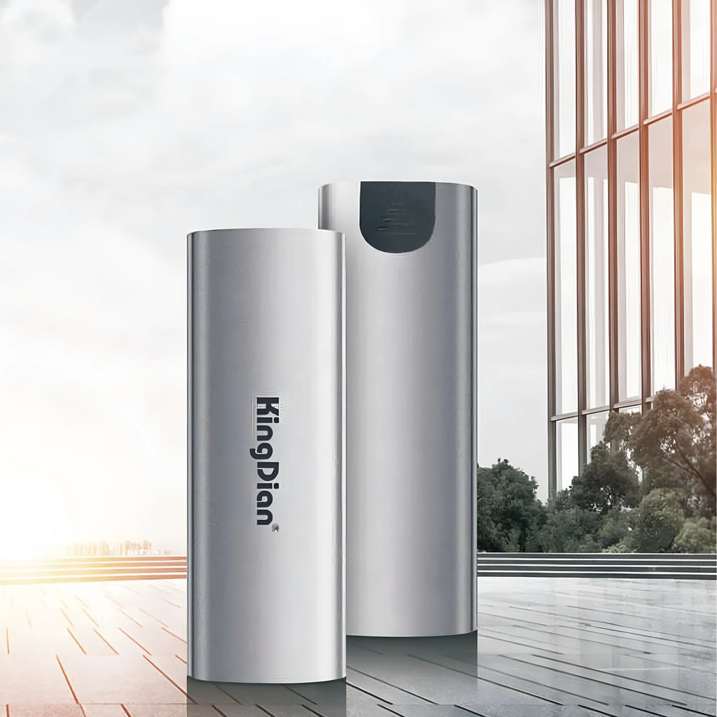 Gray USB3.0 mobile external SSD hard drive for direct phone connection.