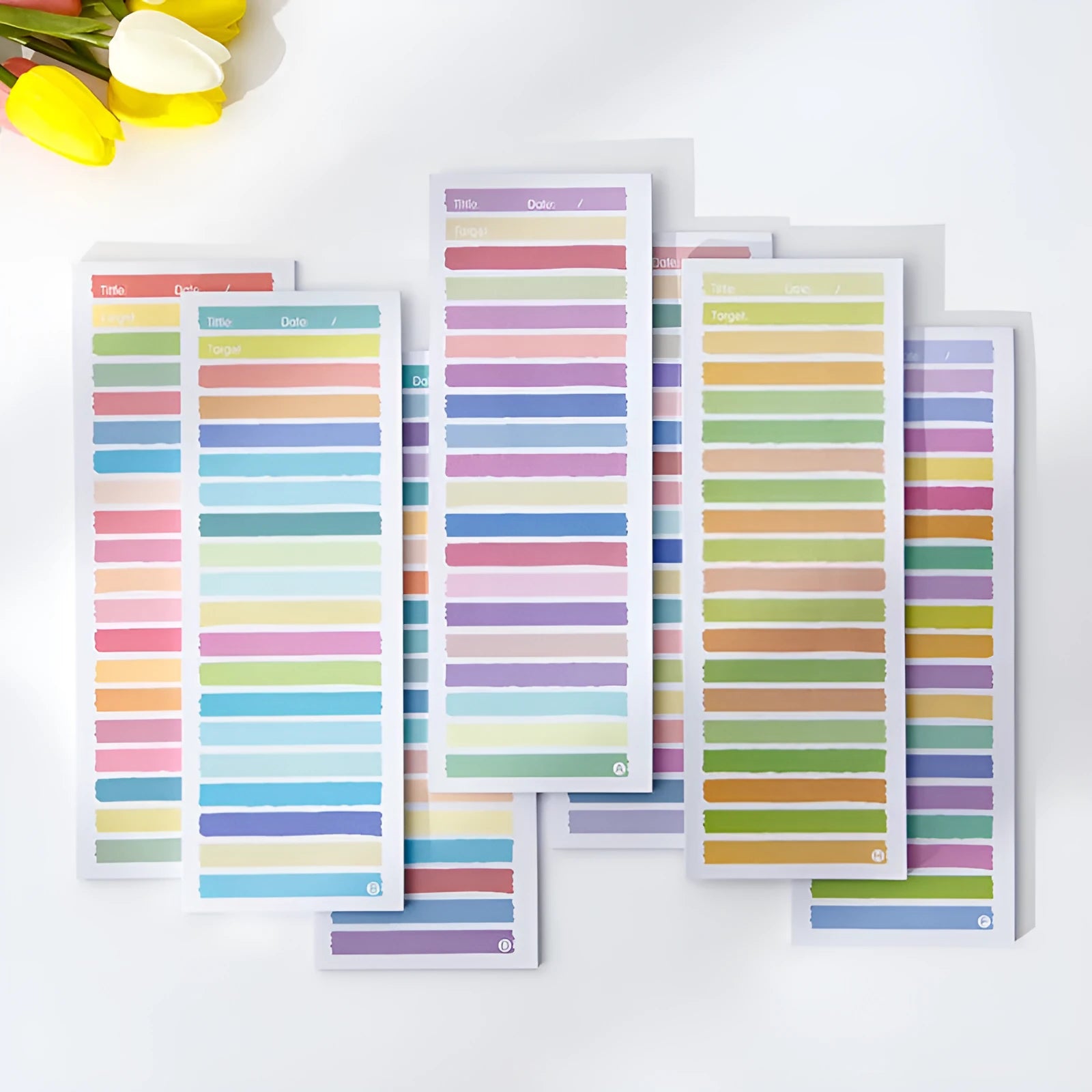 Cartoon colour-striped student notepad in plastic box, A5 size 90x248 mm, blue pink purple yellow designs