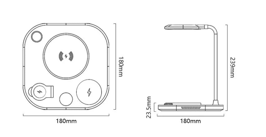 Black wireless charging desk lamp showing phone charging on magnetic surface with integrated lighting