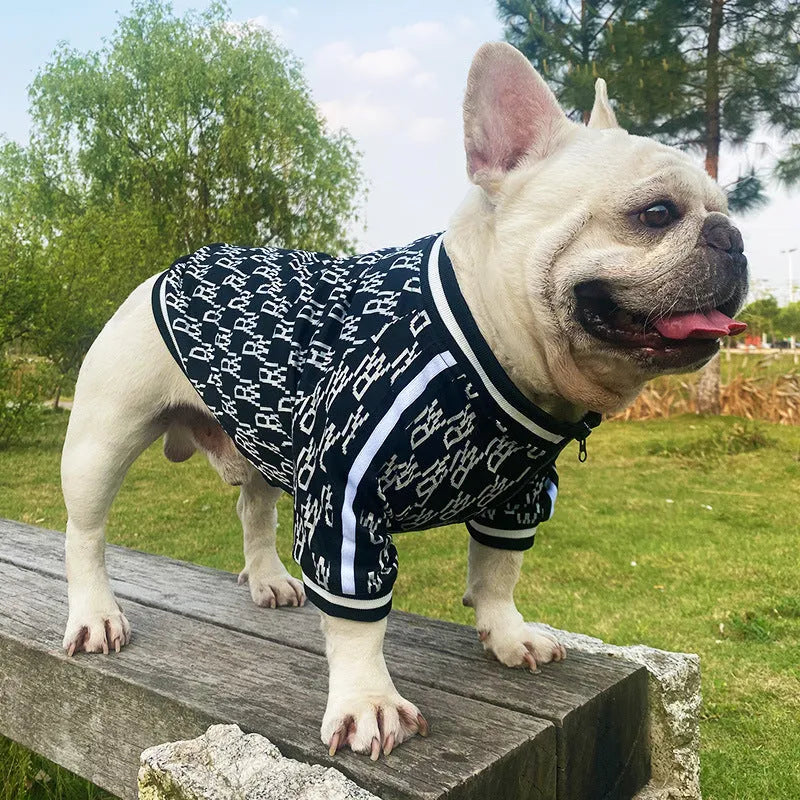 Black zip up stretchy polyester dog jacket with leash hole for small to extra large dogs