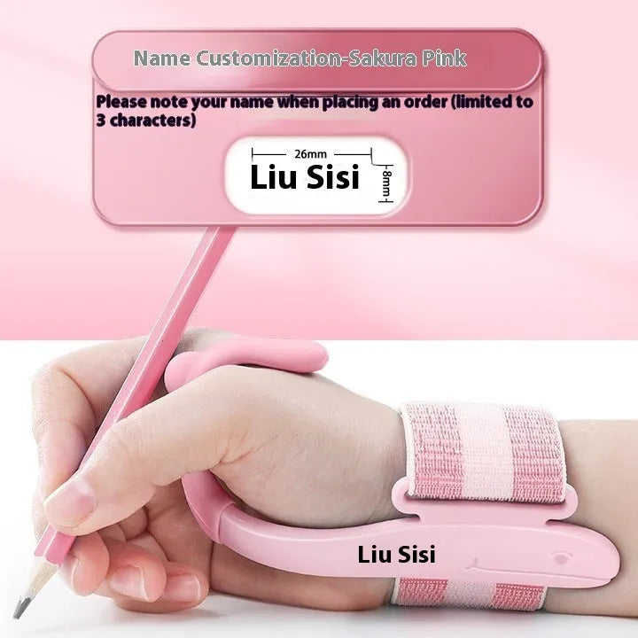 Blue and pink anti-hook pen control corrector wrist brace on a writing surface.