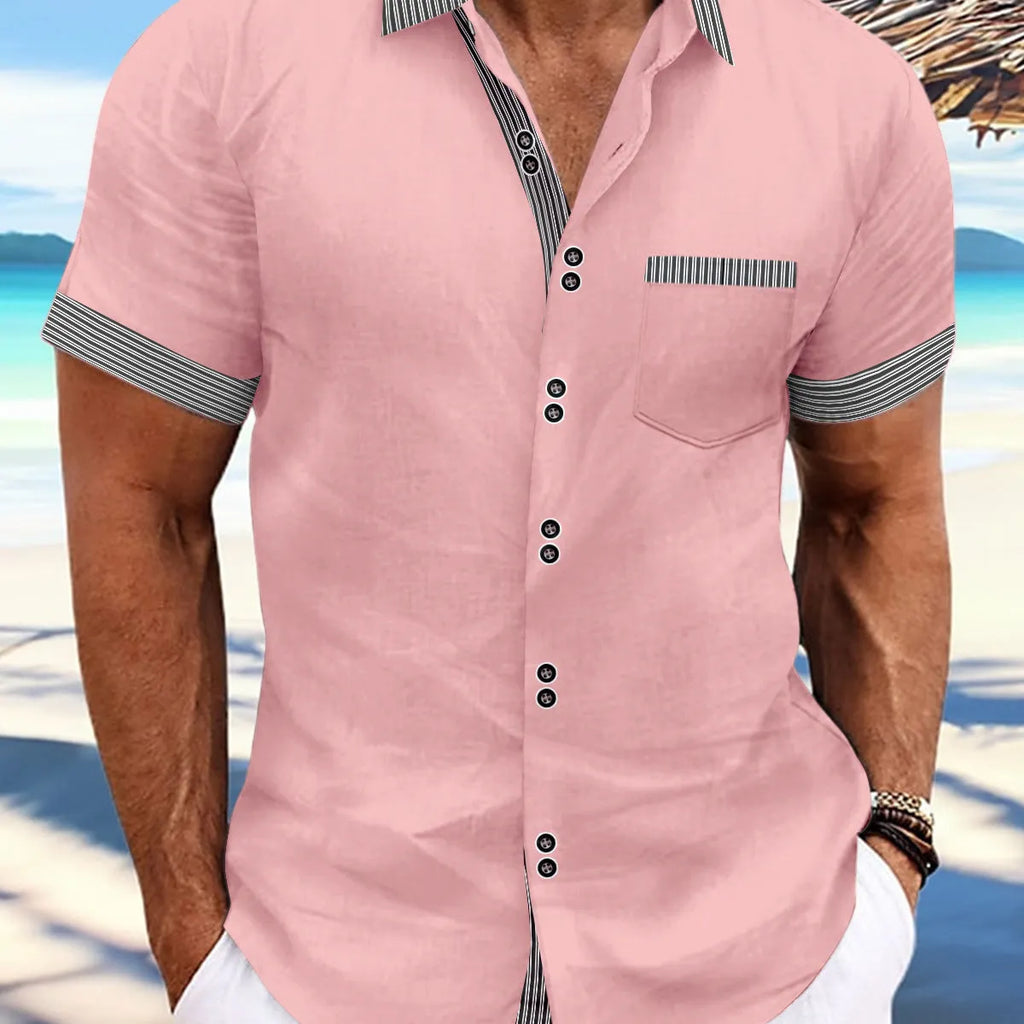 Striped pure cotton casual shirt with short sleeves and double button front in slim fit