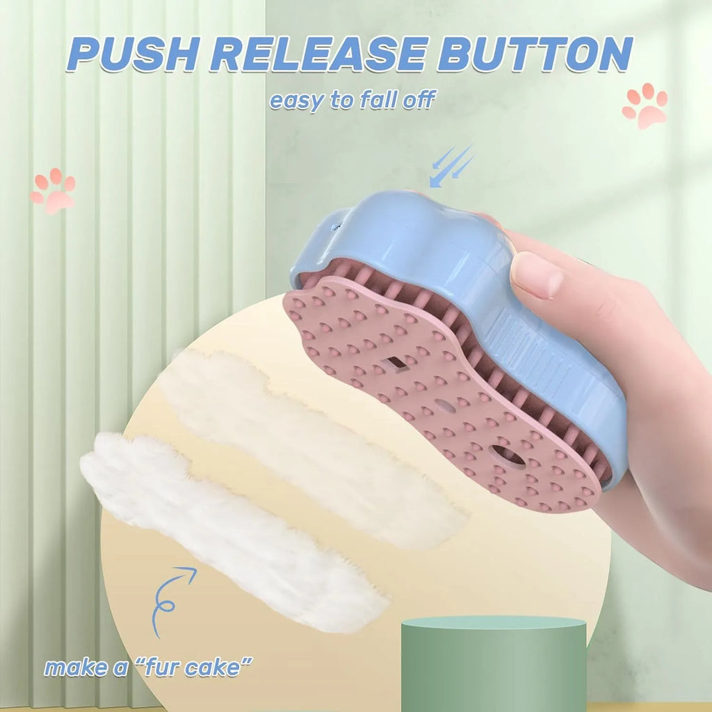 Self-cleaning cat steam brush with blue silicone bristles and release button for pet grooming