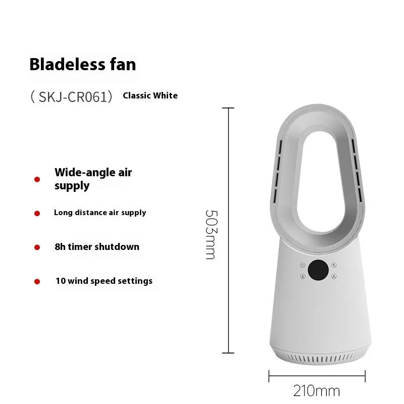 White bladeless tower fan with a remote control on a desk