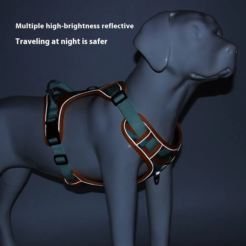Orange Oxford cloth dog walking rope with a hand loop and chest harness attachment on a grey background.