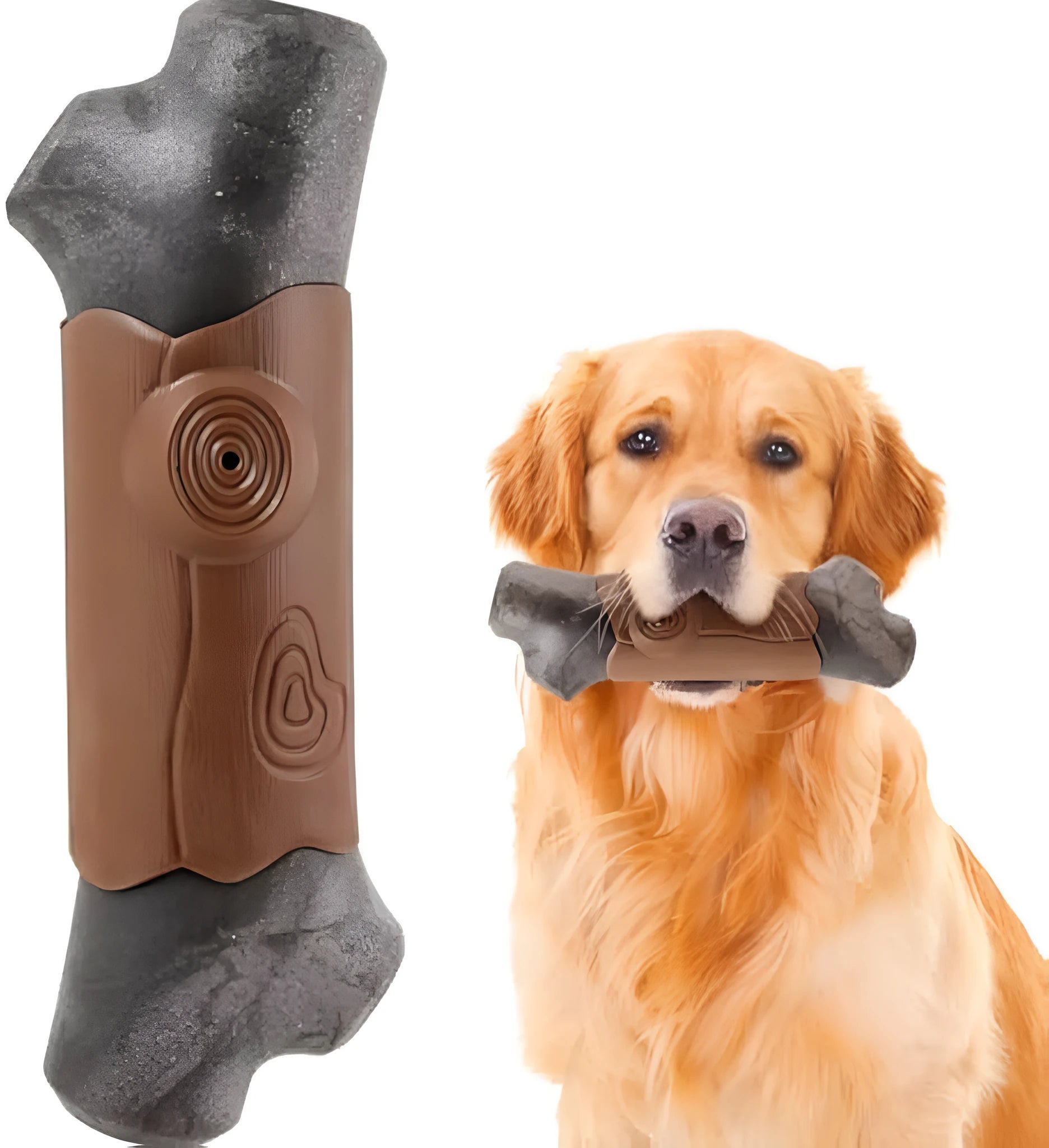 Heavy nylon dog chew toy in bone and branch shapes for large breed aggressive chewers.