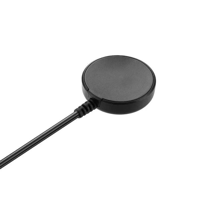 Black plastic USB watch charger with integrated fast charging cable measuring 34mm
