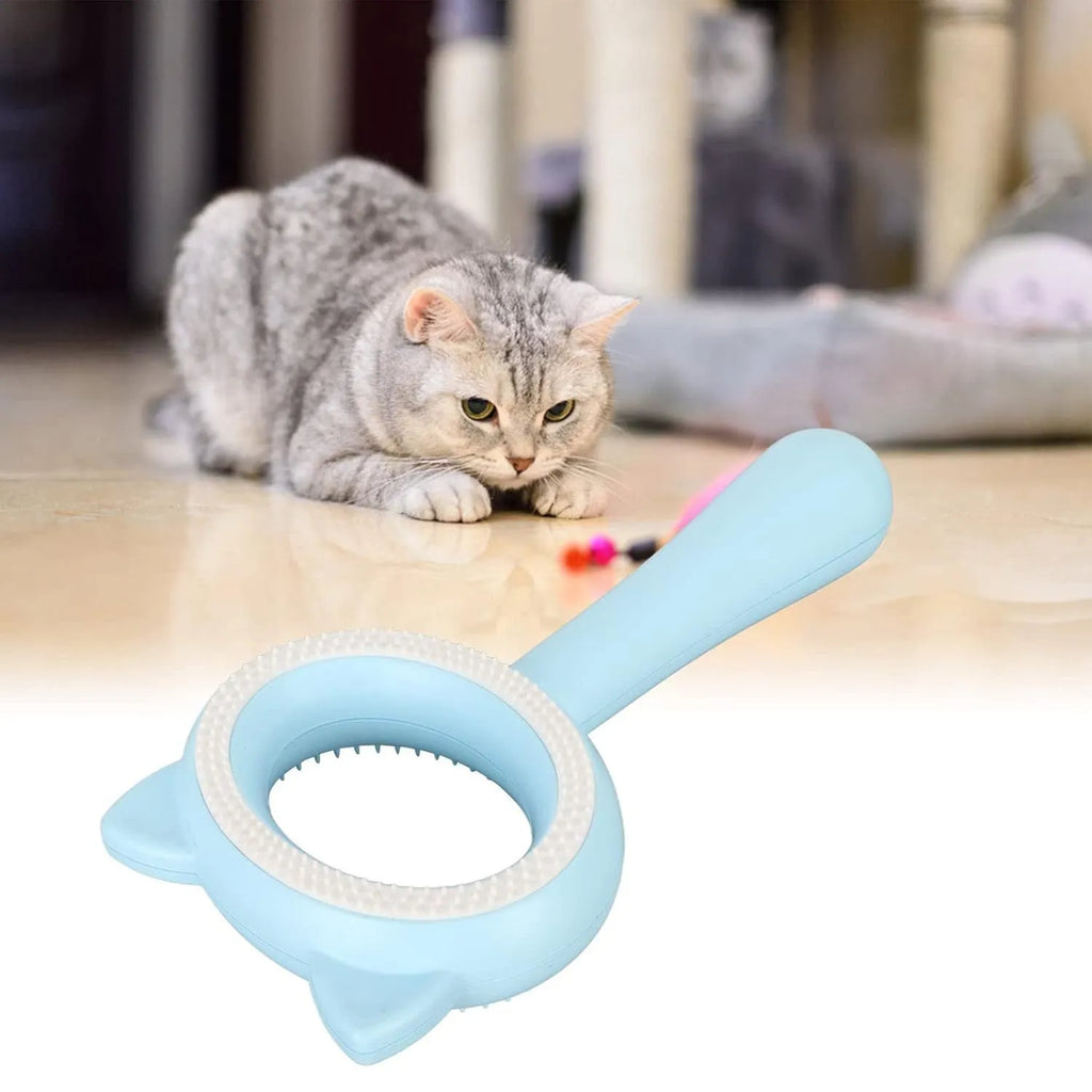 Blue and white dual-sided pet grooming brush with ergonomic handle for cats and dogs