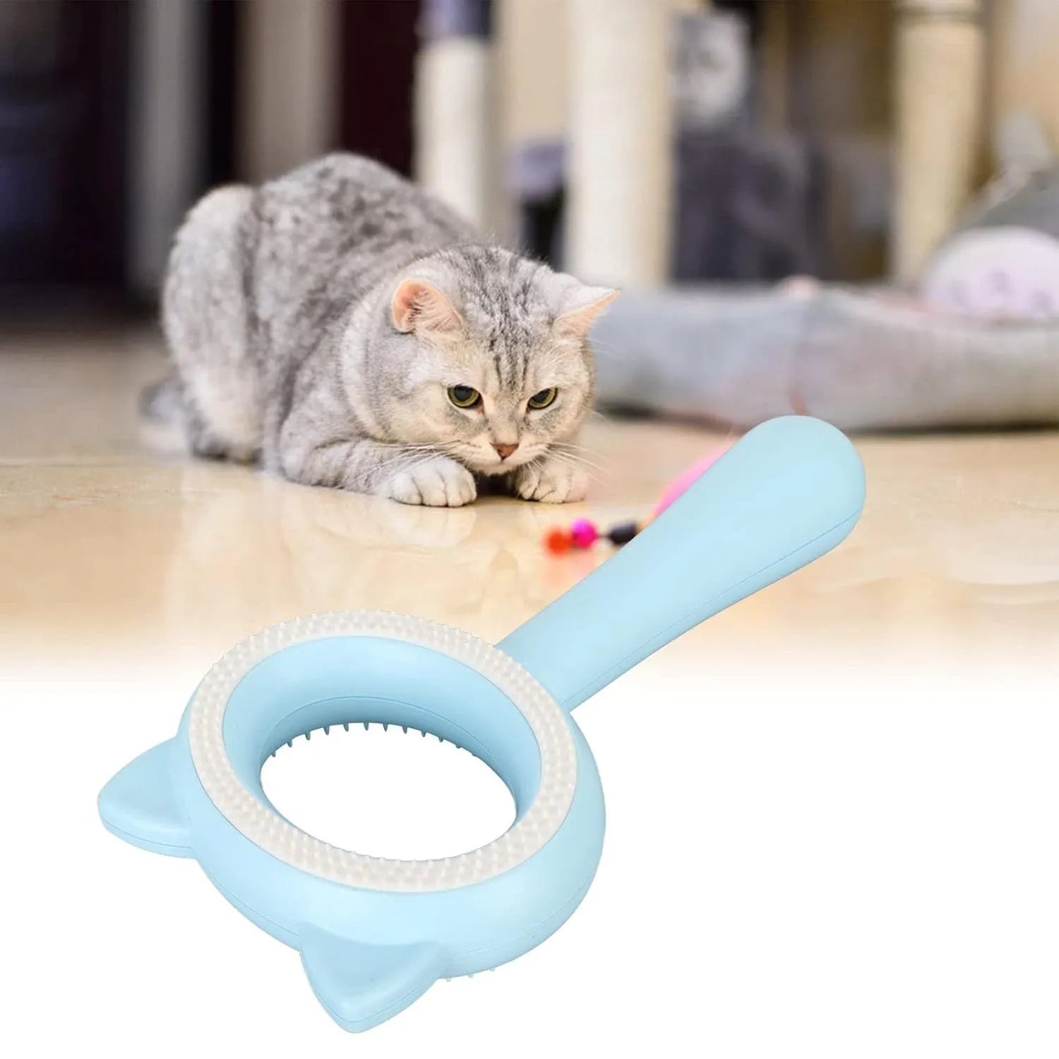 Blue and white dual-sided pet grooming brush with ergonomic handle for cats and dogs
