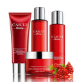 Pomegranate skincare set with four red packaged products: cleanser, toner, lotion and facial cream