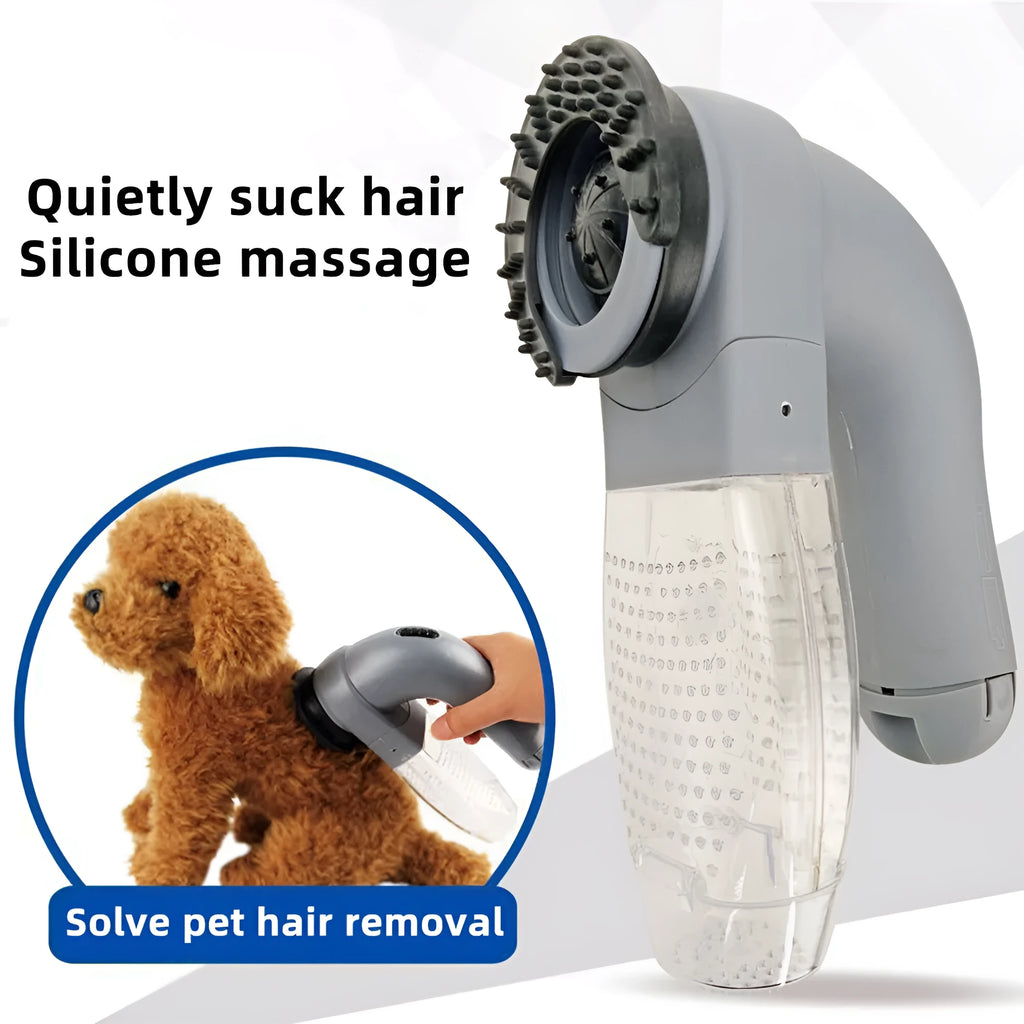 Grey portable electric pet hair vacuum cleaner with soft rubber brush head.