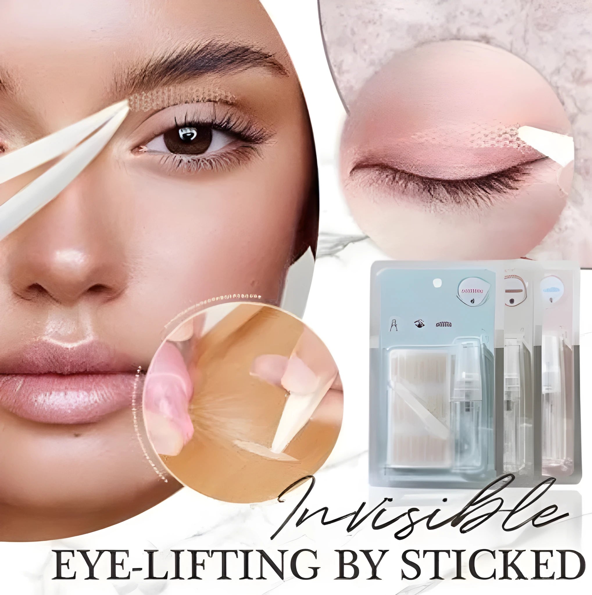 Box of no-glue eyelid stickers in three sizes L, M, and S made from non-woven fabric.