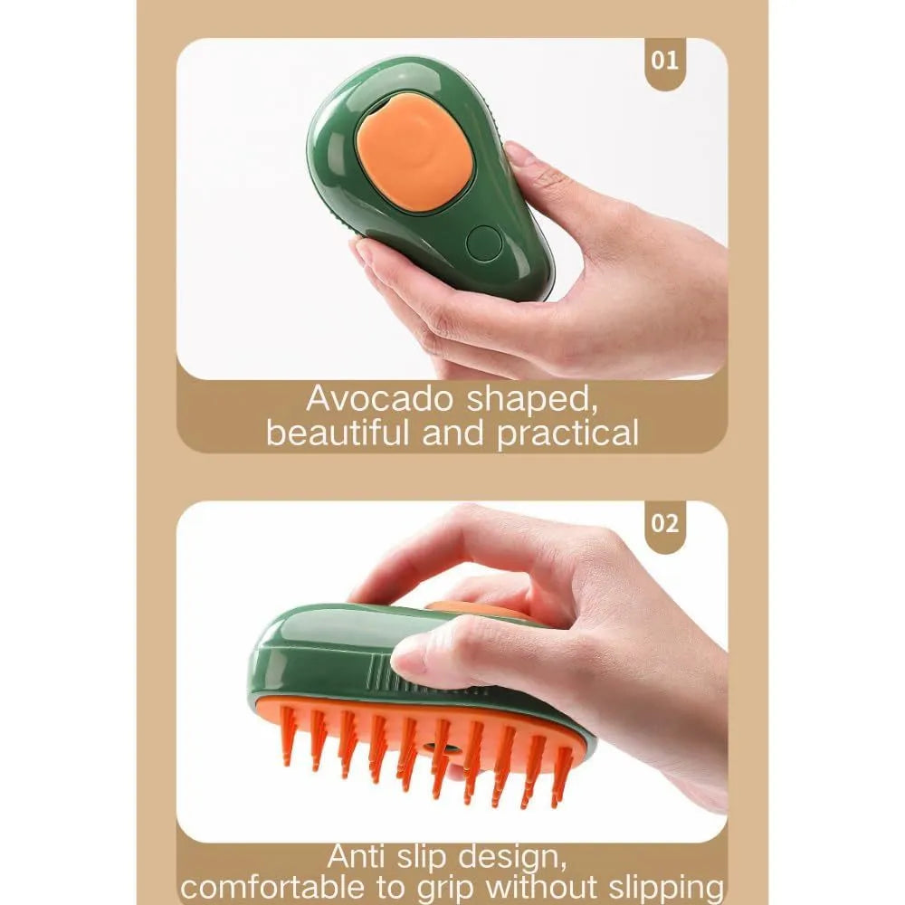 Green and white cat steam brush with silicone bristles showing water tank and compact 11cm design