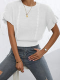 Knitted pullover sweater with twisted string ruffled short sleeves and round neck in loose casual style