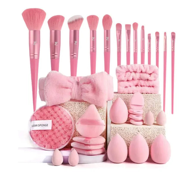 40-piece beauty tools set with hydrophilic non-latex face wash and makeup tools in brown, pink and purple colour options
