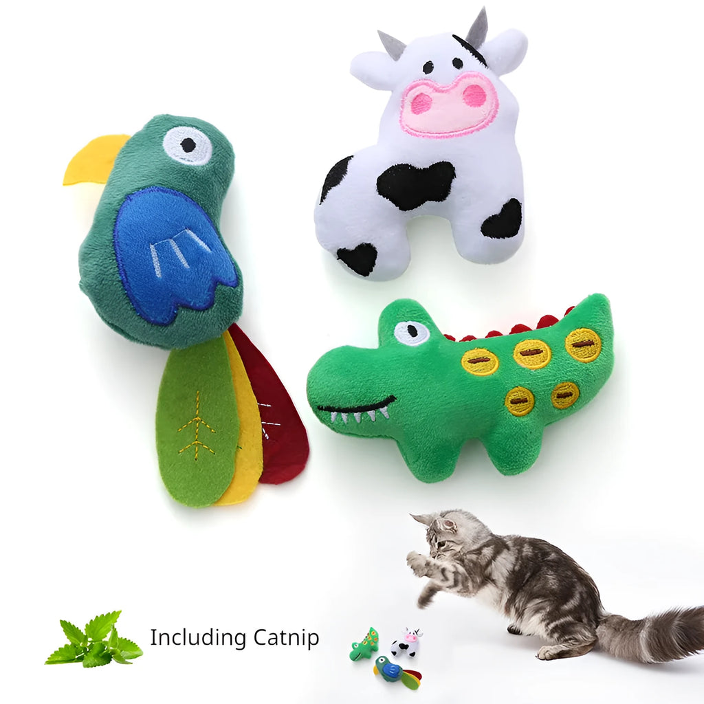 Plush cat toy shaped like a cow, crocodile, or parrot with catnip filling for interactive feline play